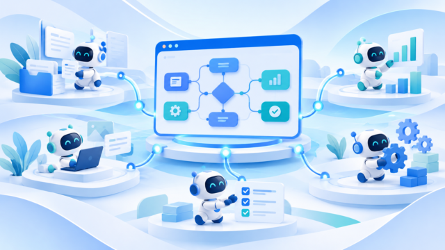 AI社員・自動化を表すAIアシスタントと業務連携のイラスト