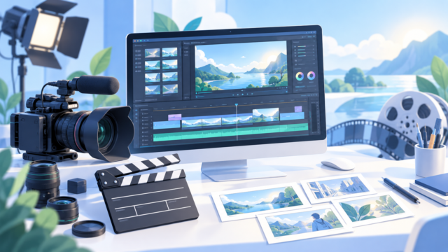AI動画制作を表すカメラと動画編集画面のイラスト